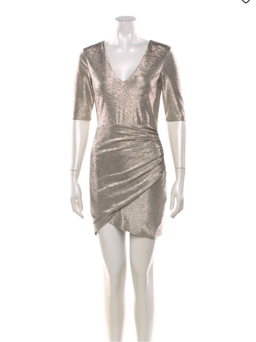 Alice + Olivia Silver Metallic V-Neck Ruched Mini Dress